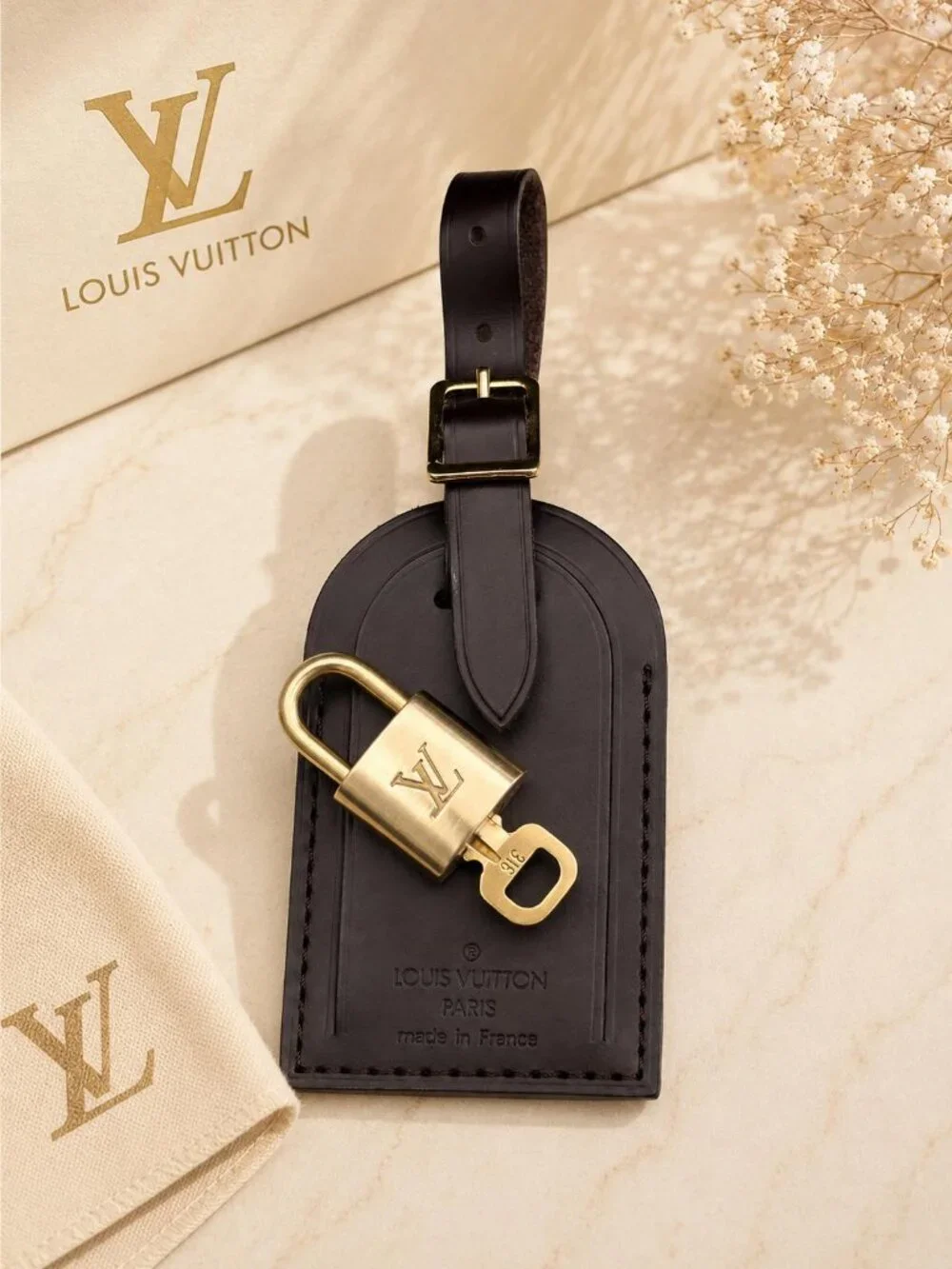 Authentic Louis Vuitton Brown Luggage Tag & Gold Padlock with Key-Made in France
